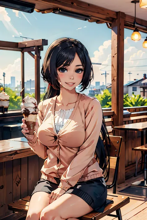 MiyukiSSV4, solo,long black hair, parted bangs, milf, cardigan, long sleeves, long skirt,looking at viewer,smiling, happy, blush, 
sitting inside a ice cream parlor, holding a ice cream cone, playful ambiance, extreme detail, masterpiece, beautiful quality...