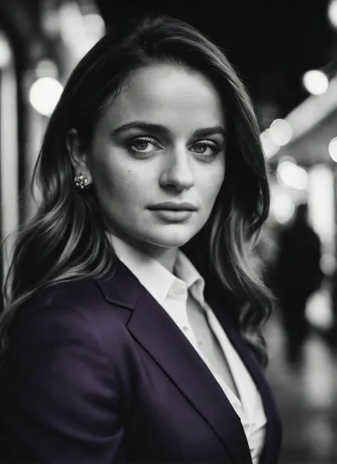 candid RAW close up portrait photo of sks woman in a (purple colored suit:1.0) on a dark street with shopping windows (at night:1.2), bokeh, Ilford Delta 3200 film, dof, high definition, detailed, intricate, flashlight, <lora:locon_joeyking_v1_from_v1_64_3...