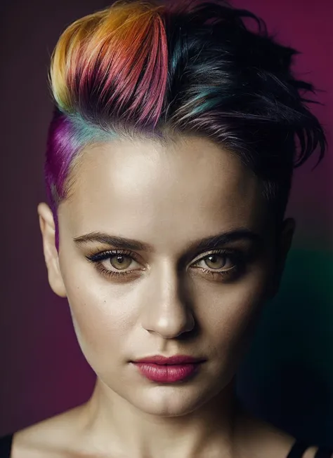 portrait of sks woman by Flora Borsi, style by Flora Borsi, bold, bright colours, rainbow Mohawk haircut, ((Flora Borsi)), <lora:locon_joeyking_v1_from_v1_64_32:1>