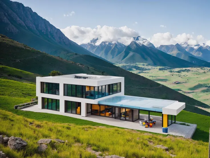 a view of a modern house with a pool in the middle of a mountain