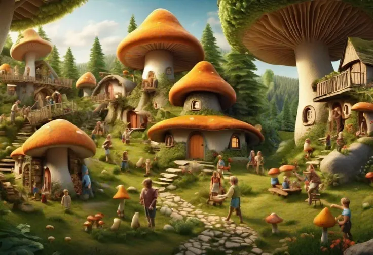 there are many people walking around a small village with mushrooms