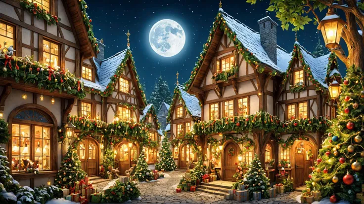 a christmas village with a full moon and a christmas tree