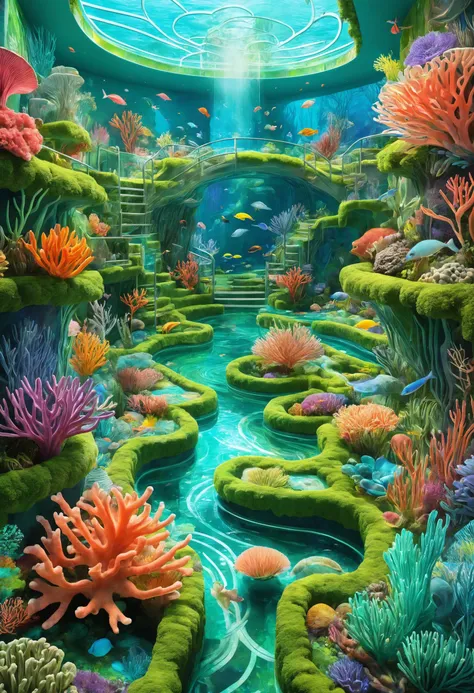 A coral labyrinth with iridescent walls, home to elusive sea creatures that navigate the maze with grace, leaving trails of glowing bio trails in their wake, Augmented reality strategist planning tactical maneuvers in the foreground, <lora:gorgoeus_splash_...