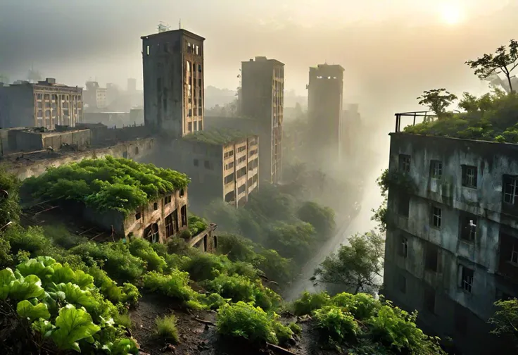 abandonned, low-key ruined buildings, invaded by vegetation, (postapocalyptic:1.5), (foggy atmosphere:0.5), dramatic chiaroscuro...