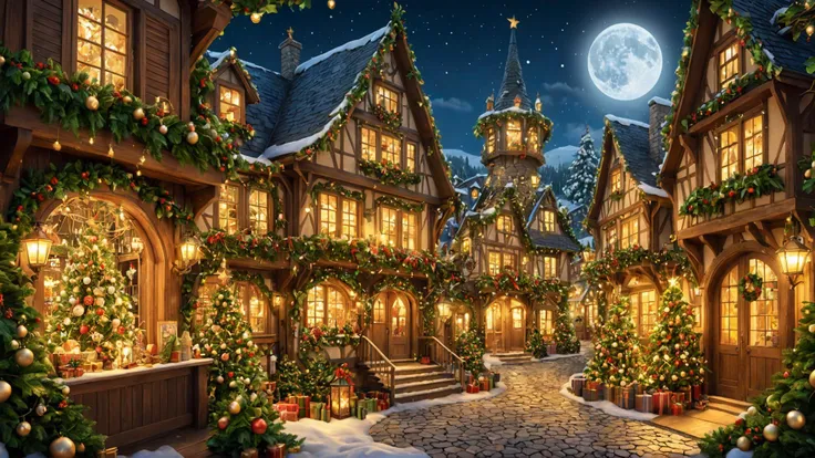 a large christmas village with a full moon and a lit up tree