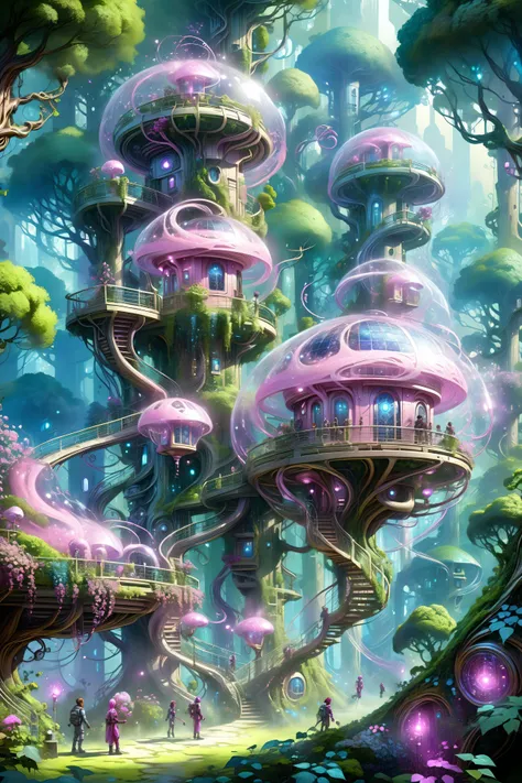 a painting of a futuristic city with a giant treehouse