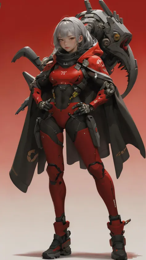 absurdres,(22 -year -old woman),perfect woman body,BREAK (grey cybersuit:1.2),android,(black upper armor),mechanical arms,machinery,prosthesis,solo,(silver hair),(long hair),cloak,BREAK hand on hip,contrapposto,(red background:1.5),<lora:nijiarmor_anime_v2...