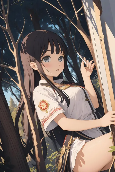 anime girl with long hair and a white shirt leaning against a tree