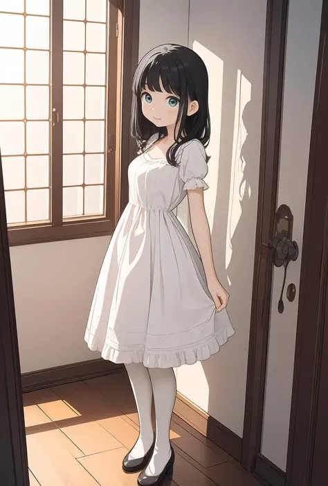 anime girl in white dress standing in front of a window