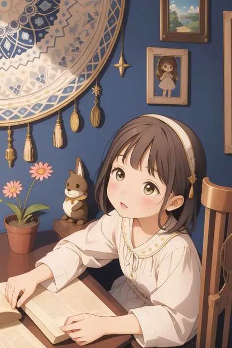 anime girl sitting at a table reading a book in front of a clock