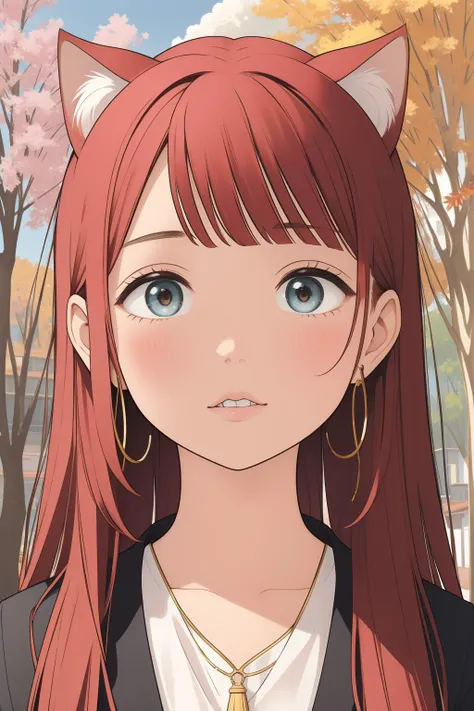 a close up of a person with long red hair and a cat ear