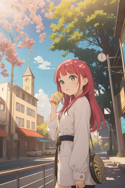 anime girl with red hair and a white shirt standing on a street