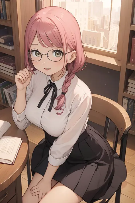 anime girl sitting at a desk with a book and a computer