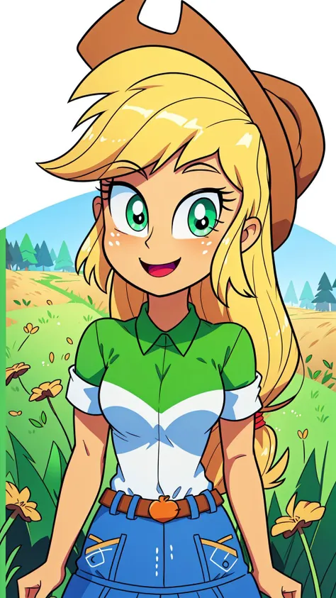 a cartoon girl with blonde hair and green eyes in a field