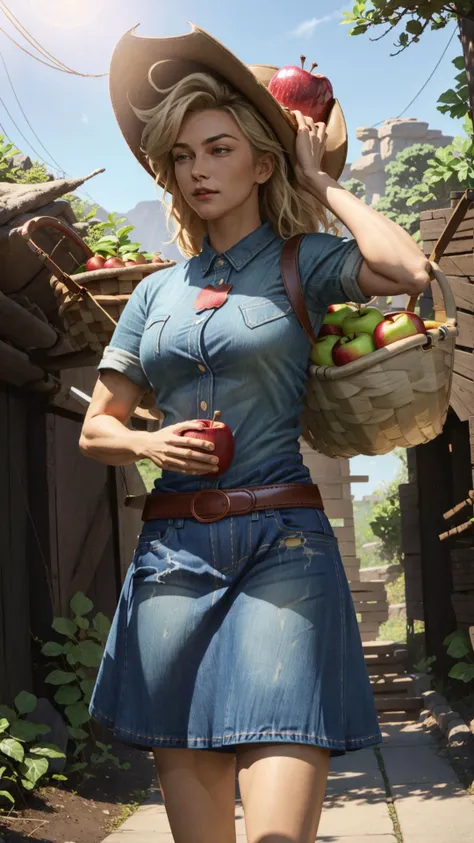 <lora:mlp_applejack:0.8> mlpapplejack, low-tied long hair, (cowboy hat:1.15), shirt, denim skirt, belt, BREAK, <lora:BarbarianT:0.8> BarbarianT, (muscular female:1.15), BREAK, (carrying basket, apple, holding fruit:1.15), masterpiece, best quality, extreme...