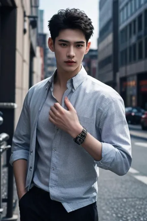 a man in a gray shirt and black pants standing on a street