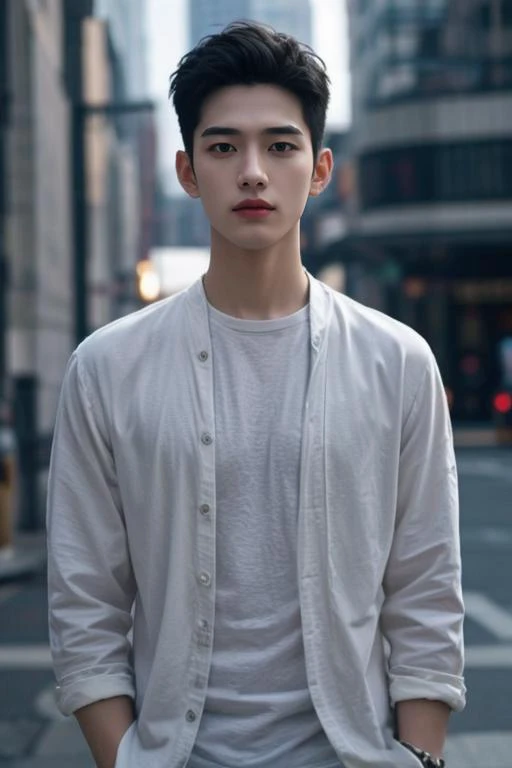 a man standing on a city street with a white shirt and black pants