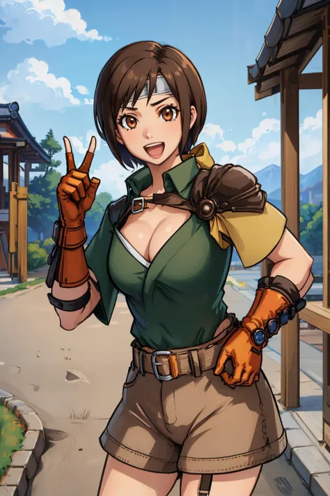 masterpiece, best quality,  <lora:FinalFantasy_FemaleThief:0.8> ThiefFFT, green shirt, belt, brown shorts, gloves, cleavage, <lora:yuffie-nvwls-v1-final:0.8> yuffie kisaragi, headband, furrowed brow, :D, japanese architecture, looking at viewer