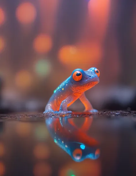 there is a frog that is sitting on the ground with its reflection