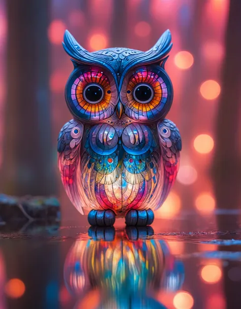 brightly colored owl figurine sitting on a shiny surface