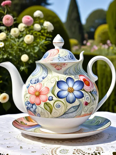 <lora:ral-colorswirl-sdxl:0.9>, <lora:EnvyBetterHiresFixXL01:0:hr=1> A classic porcelain teapot, elegantly shaped and decorated with delicate ral-colorswirl patterns. The teapot sits on a lace tablecloth, with a backdrop of an English garden in full bloom,...