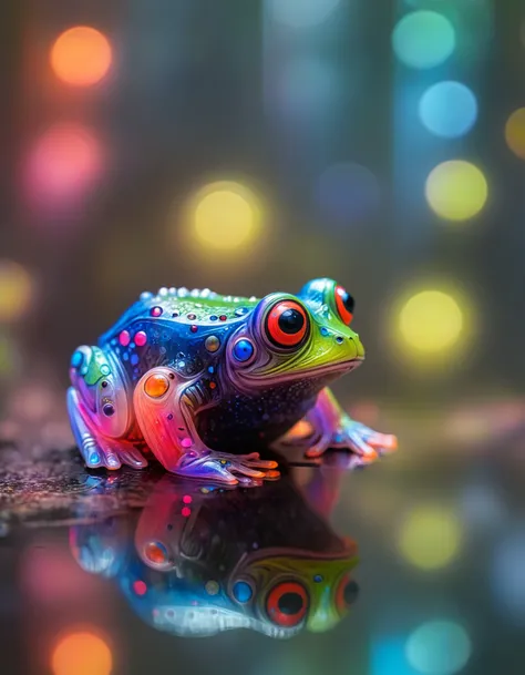 brightly colored frog sitting on a reflective surface with bright lights in the background