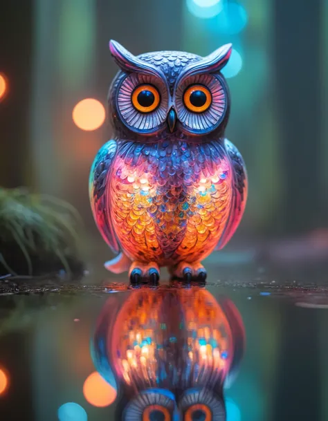 brightly colored owl figurine sitting on reflective surface with lights in background