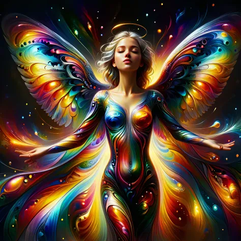 a ral-colorswirl white flying female angel with two wings on his back,warm light,realistic,highly detailed,realistic,lifelike,studio photo,highly detailed,colors,dynamic,cinematic,masterpiece,intricate,hdr,abstract fractal, ral-oilspill