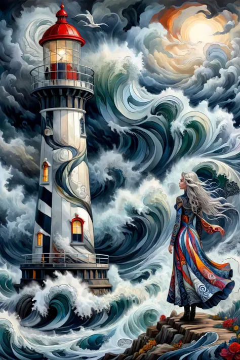 <lora:pattern_dress_xl_v1:1.1> pattern_dress sorceress and soldier standing on a lighthouse, huge stormy waves, (white-tinted:0.5), very detailed, intricate, ral-colorswirl <lora:ral-colorswirl:0.75>