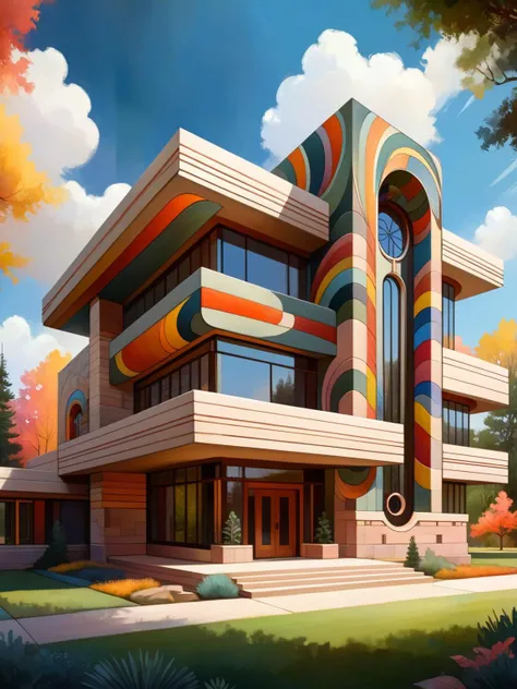 <lora:ral-colorswirl-sdxl:1>, <lora:EnvyBetterHiresFixXL01:0:hr=1> a Frank Lloyd Wright-inspired building, harmonizing with its environment and adorned with ral-colorswirl patterns. The design should incorporate natural elements and be captured in a wide-a...