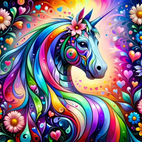 a photo shot of a ral-colorswirl cute unicorn,flowers and hearts background,glowing,realistic,highly detailed,realistic,lifelike,studio photo,highly detailed,colors,dynamic,cinematic,masterpiece,intricate,hdr,abstract fractal