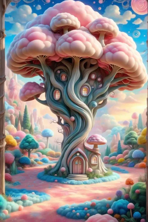 a painting of a tree house with a pink roof and a pink door