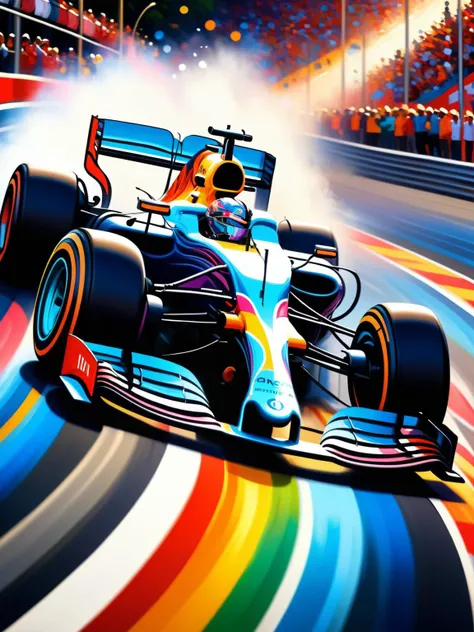 <lora:ral-colorswirl-sdxl:0.9>, <lora:EnvyBetterHiresFixXL01:0:hr=1> An F1 racing car, its sleek design adorned with dynamic ral-colorswirl patterns. The car speeds down the Monaco track, its swirls creating a blur of colors against the backdrop of cheerin...