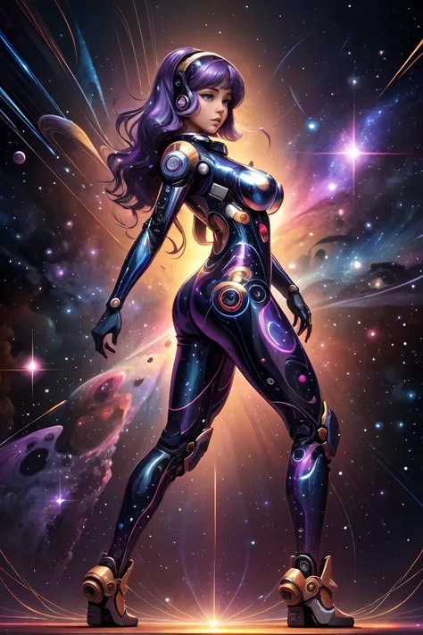 (best quality, masterpiece, realistic, detailed), cyber enhanced female cyborg wearing (navy blue cosmic glam bodysuit:1.1) (glimmering galaxy leggings with space odyssey hues:1.1), solo, full body, golden seams, side view, standing, legs spread apart, (la...