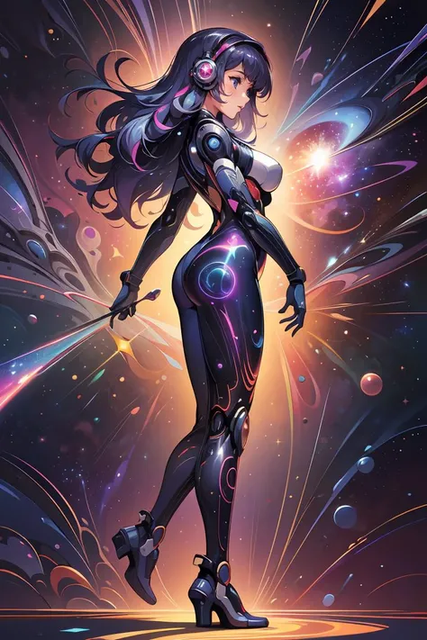 (best quality, masterpiece, realistic, detailed), cyber enhanced female cyborg wearing (navy blue cosmic glam bodysuit:1.1) (glimmering galaxy leggings with space odyssey hues:1.1), solo, full body, golden seams, side view, standing, legs spread apart, (la...