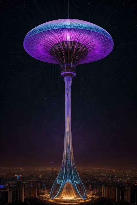 a purple mushroom shaped structure with a city in the background