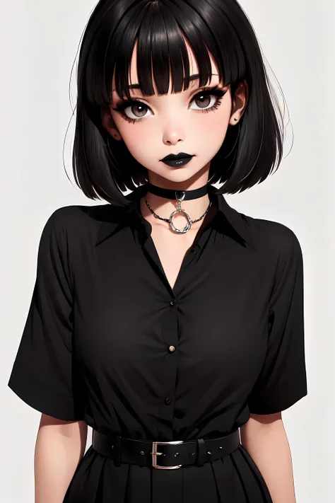 <lora:goth_girl:1>,gothic,makeup,black lips, closeup:1.5, eyeliner:1.8, disinterested,  white dress shirt,
piercing, leather choker, dark black hair, short hair, bangs, simple colored background, masterpiece, beautiful, female, 1girl, solo,