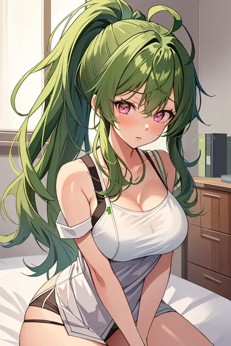 ((masterpiece, best quality, high quality)),1girl, (hospital), <lora:infirmary_v0.1:0.5> infirmary,  <lora:Mari Sukuma:0.7> (mari sukuma, 3dcg_10, 1girl, solo, long hair, breasts, bangs, medium breasts, ponytail, green hair, pink eyes, sidelocks, ahoge, cr...