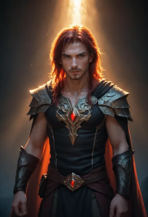 a man with long hair and a cape standing in front of a light