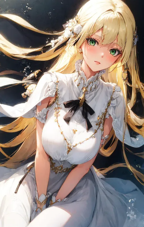 1girl,blonde hair, green eyes, tied hair, long hair, white dress, anisphia,<lora:anisphiawynnpalettia_v2:0.8><lora:style_happobi...