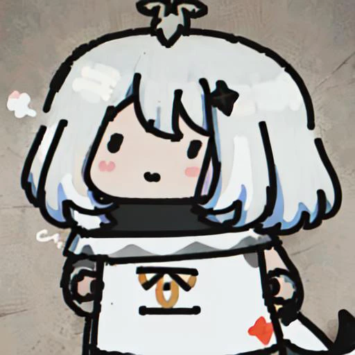 cartoon girl with white hair and a black top holding a knife