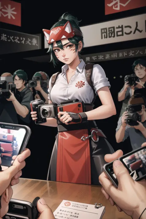 there are many people taking pictures of a woman holding a camera