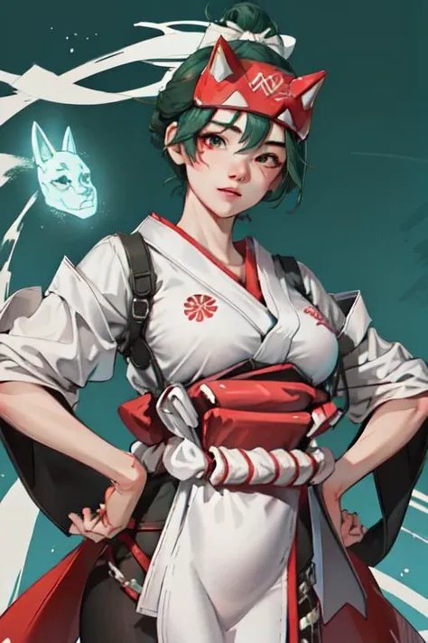 (masterpiece:1.2, best quality),1girl,solo,kriko ow,nsfw, looking at viewer,upper body,hands on hips,green hair,simple background, japanese clothes, mask, white kimono,<lora:kirikoOverwatch_v10:1>,