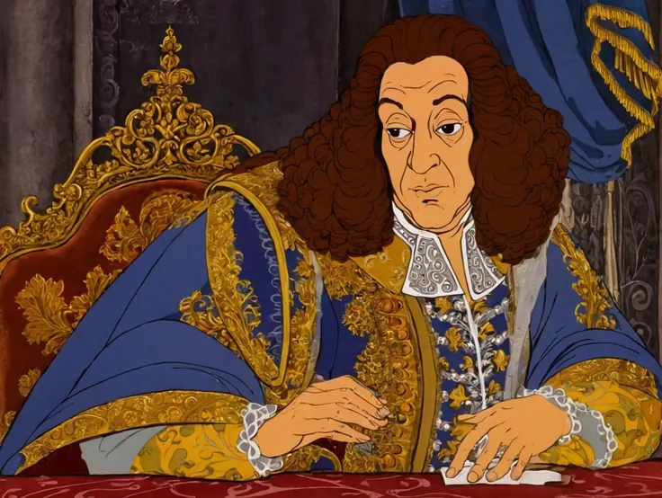 cartoon of  King Louis XIV, tranquil scene, detailed background, directed by Stanley Kubrick(  in rankinbasshobbit style:1.1)
<lora:add-detail-xl:0.65>    <lora:rankinbasshobbit_styleXL_v.10.2-000002:1.0>