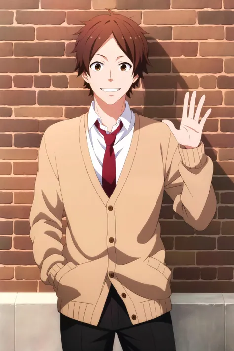 masterpiece, best quality, portrait, keiichi_katakura, 1boy, cowboy shot, (hand in pocket, hand up, waving), looking at viewer, standing, against wall, brick wall, brown hair, brown eyes, grin, cream cardigan, white shirt, red necktie, black pants,