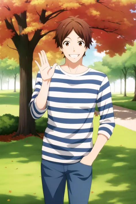 masterpiece, best quality, keiichi_katakura, 1boy, solo, park, maple tree, cowboy shot, hand in pocket, hand up, (waving), looking at viewer, standing, brown hair, brown eyes, happy, grin, casual, tight, striped shirt, skinny jeans,