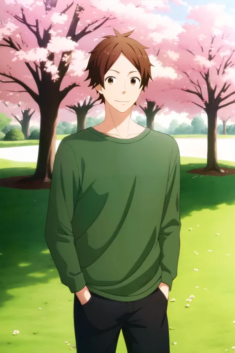 masterpiece, best quality, portrait, keiichi_katakura, 1boy, park, cherry tree, cowboy shot, looking at viewer, standing, brown hair, brown eyes, smile, casual, (tight), green shirt, long sleeves, black pants, hands in pockets,