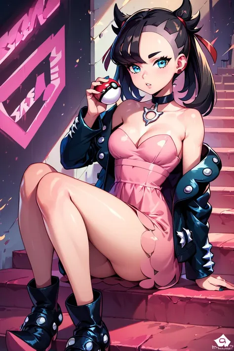 a woman in a pink dress sitting on a set of stairs