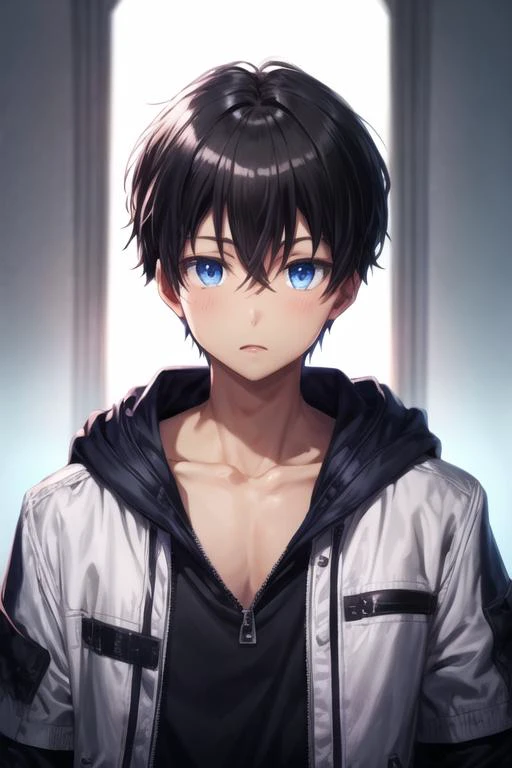 masterpiece, best quality, high quality, 1boy, solo, male focus, looking at viewer, upper body, <lora:youta_narukami:0.62>, youta_narukami, blue eyes, black hair, hair between eyes, , jacket