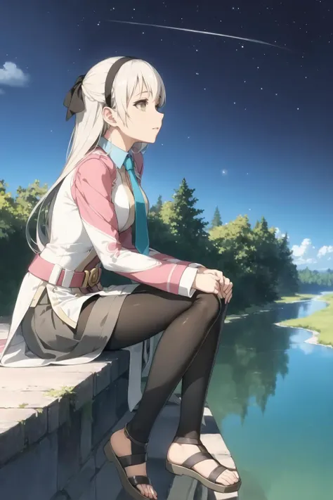 masterpiece,best quality,elie macdowell,hairband,blue necktie,hair ribbon,long sleeves,belt,white_pantyhose,sandals,sitting,from side,looking up,stars,sky,river,<lora:elie-nvwls-v2-sen4:0.9>,